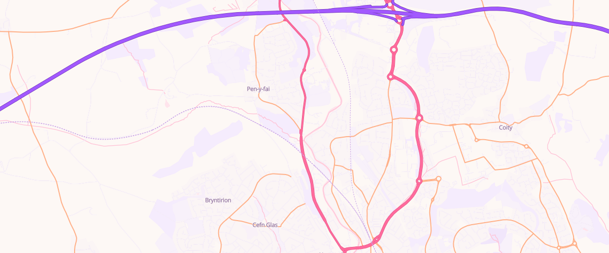 Map showing the location of Pen-Y-Fai Service Station