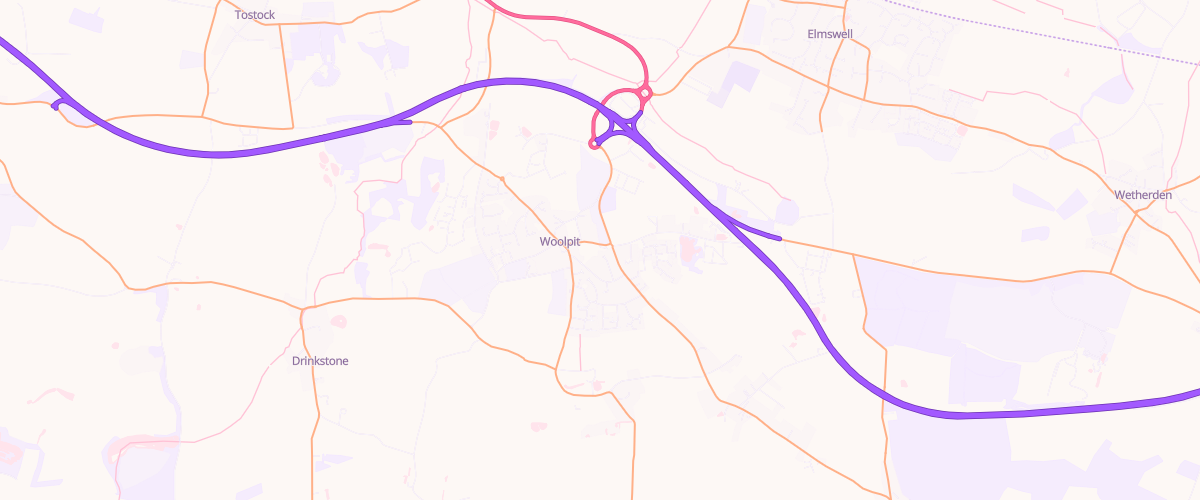 Map showing the location of Woolpit Service Station